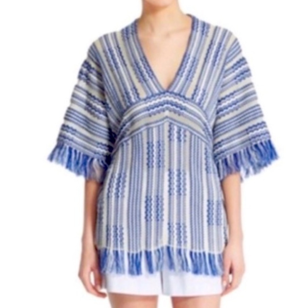 Tory Burch Blue and White Striped Fringe Tunic